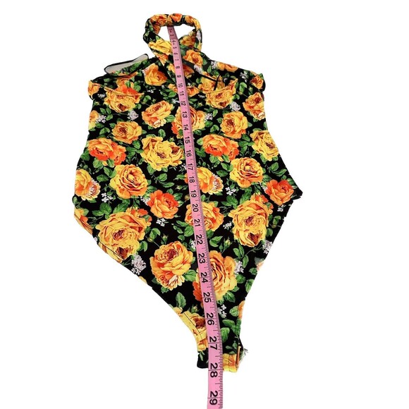 Zara Halter Top Bodysuit Size Small S Black Yellow Green Floral Twist Neck - Picture 8 of 13
